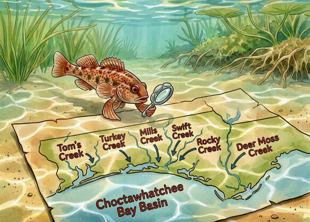 Cartoon of an Opaloosa Darter examining a map of the Choctawhatchee Bay Basin with water and plants in the background.
