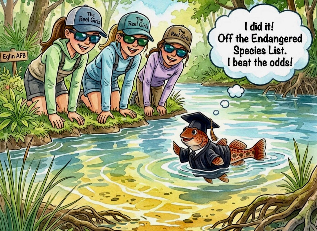 Cartoon illustration of three girls in outdoor gear looking at an Okaloosa Darter h in water with a graduation cap, surrounded by nature.