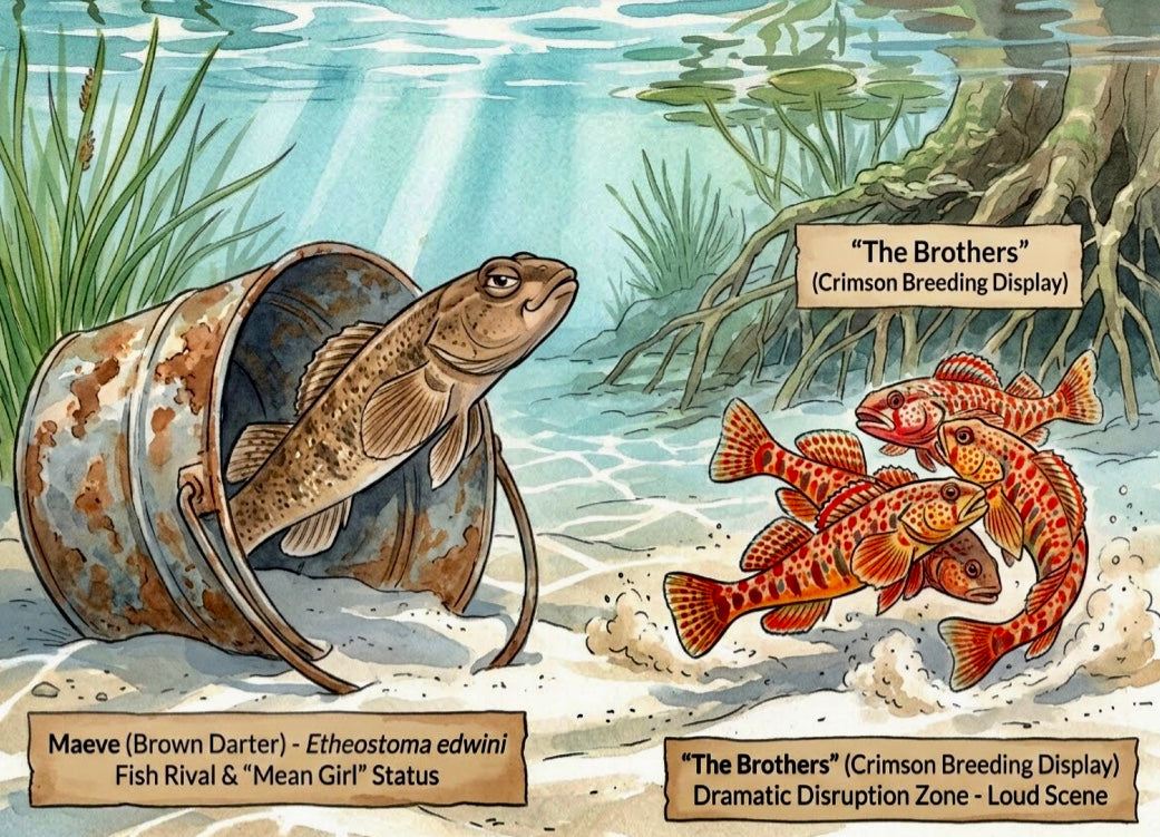 Illustration of Brown Darters  in a natural setting with text labels