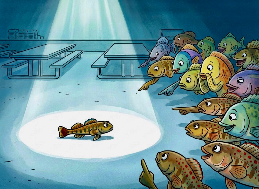 Cartoon of an Okaloosa fish under a spotlight feeling judged for being small with other fish around
