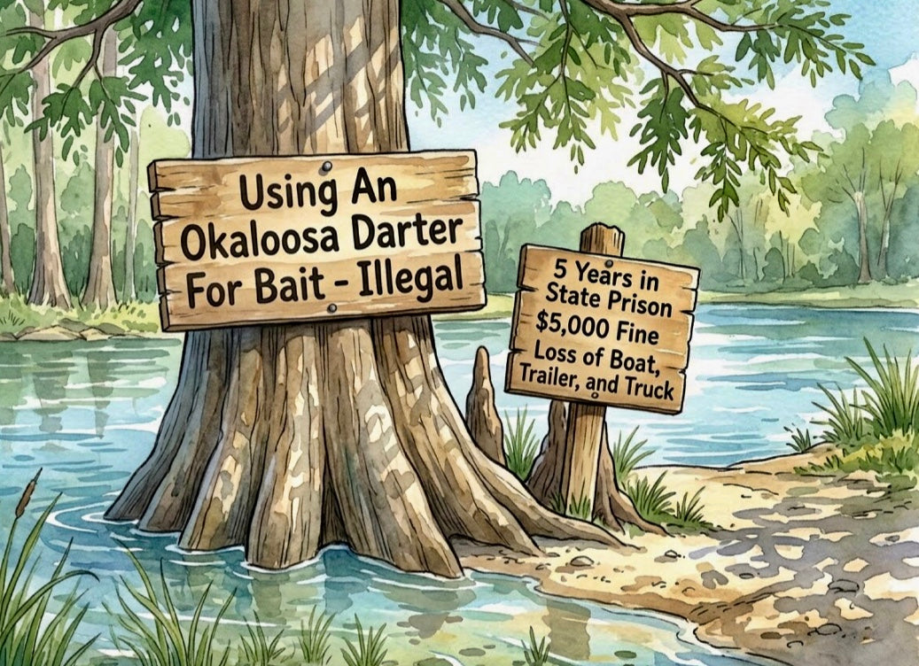 Wooden signs on a tree trunk by a lake with  serious legal warnings.