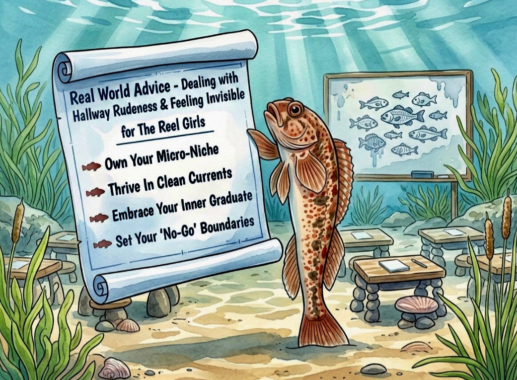 Okaloosa Darter holding a rolled-up paper with advice in an underwater classroom setting that extends beyond fishing and applies to human life.
