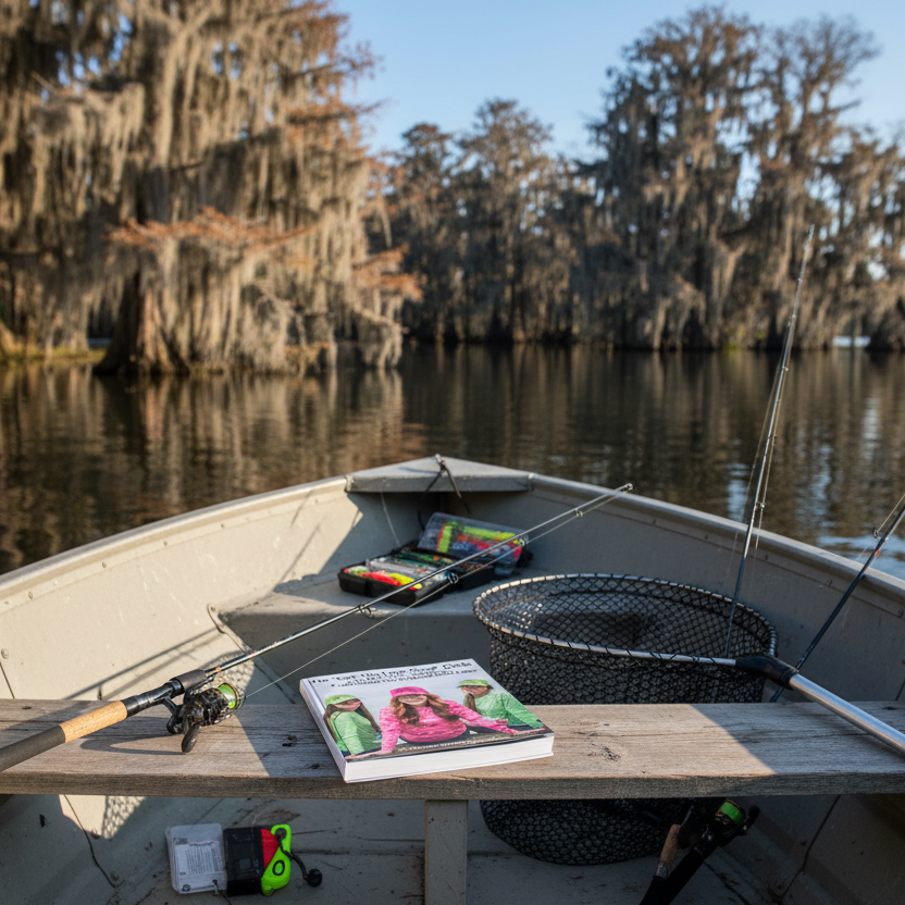 The Get The Lure Gear Guide - Fishing boat on a lake with fishing gear and a book on the seat