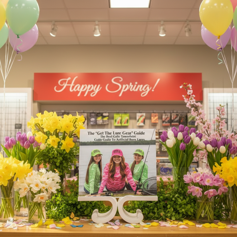 The Get The Lure Gear Guide - Display of flowers with a 'Happy Spring!' sign above, featuring a guidebook on a stand.