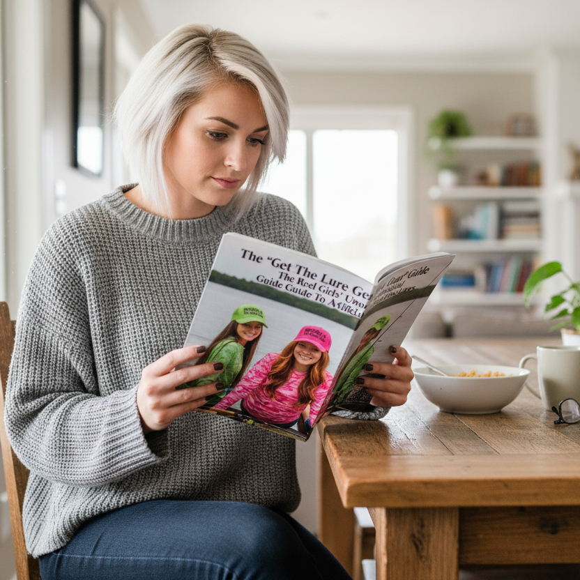 The Get The Lure Gear Guide- Woman reading a copy at a wooden table in a home setting