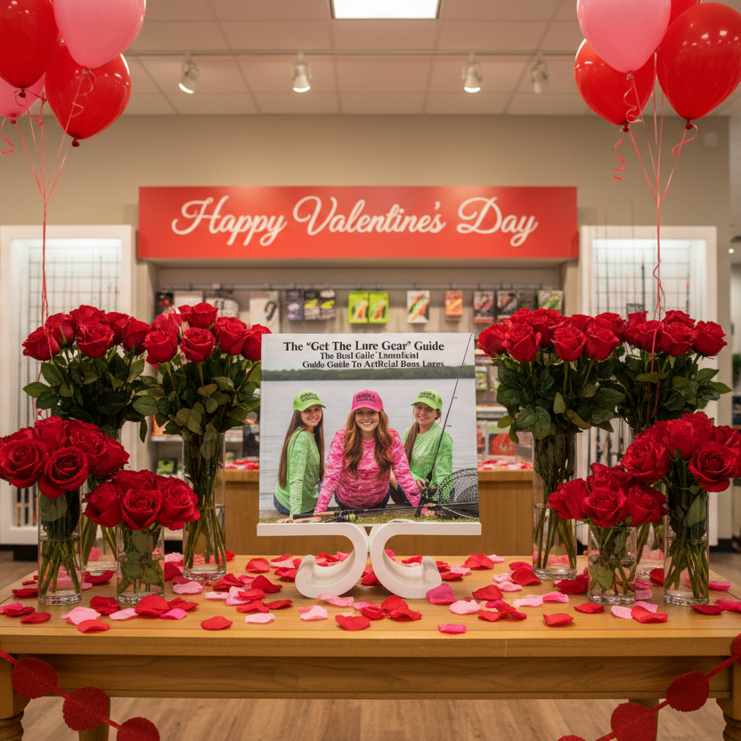 The Get The Lure Gear Guide - Valentine's Day display with red roses, balloons, and a magazine on a table.
