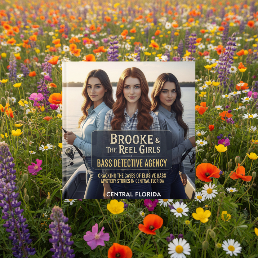 Book cover of 'Brooke & The Reel Girls Bass Detective Agency' with three women in a field of flowers. ISBN:
9798231699957