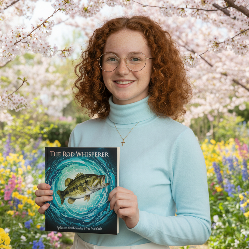 Person holding a book titled 'The Rod Whisperer' in a garden with cherry blossoms and flowers. ISBN:
9798231342990