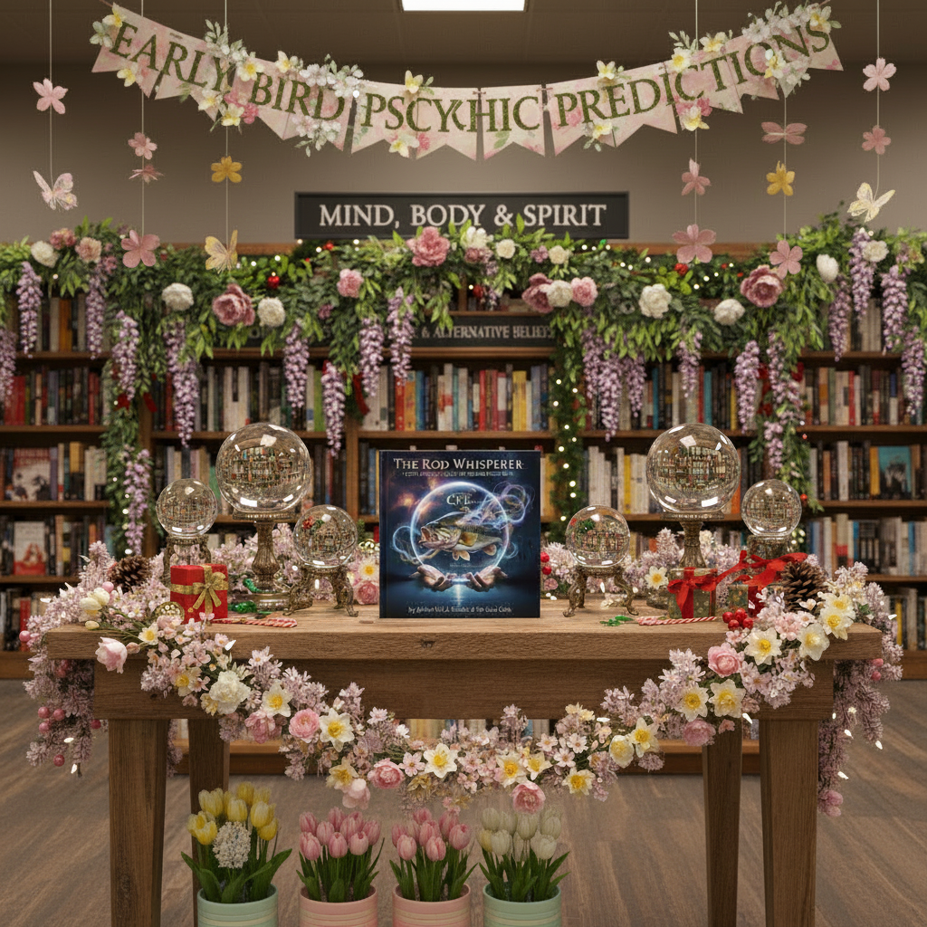 The Rod Whisperer - Decorative setup with flowers, books, and a banner in a store or library setting. ISBN:
9798231342990