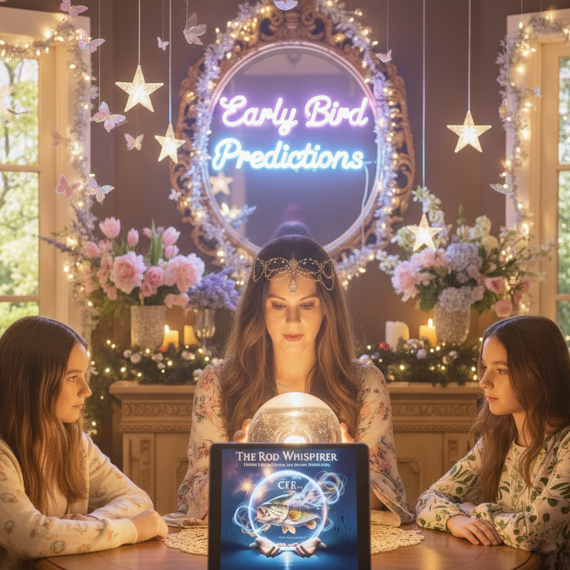 Three women gathered around a crystal ball in a decorated room with 'Early Bird Predictions' sign. ISBN:
9798231342990