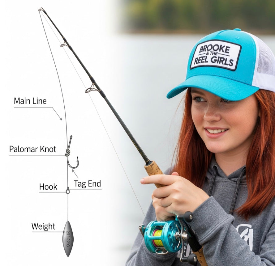 Woman holding a fishing rod with labeled parts and a cap with branding.