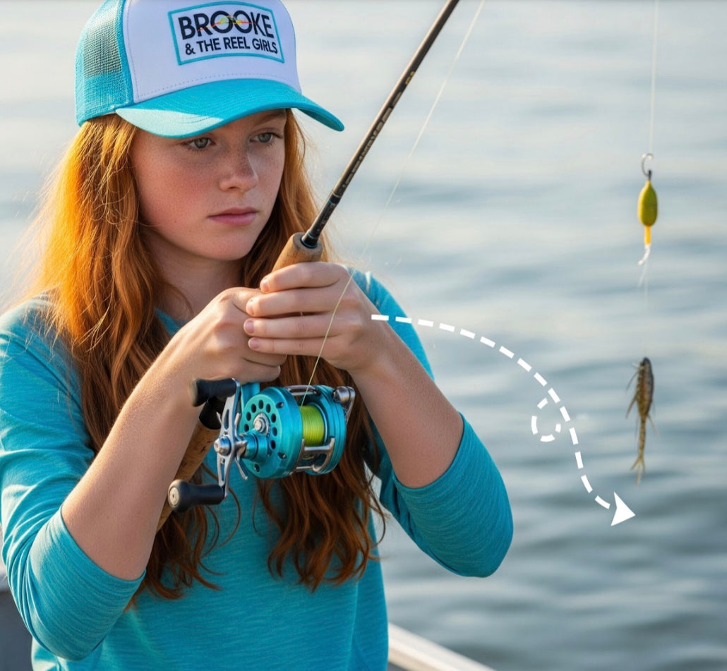 Woman fishing with a rod and reel, wearing a branded cap, with water in the background.