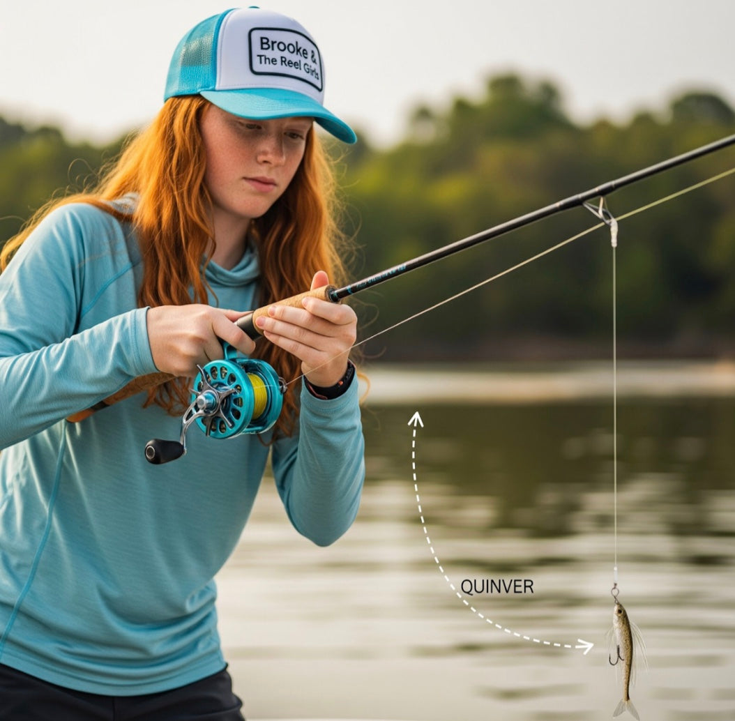 Person fishing with a rod and reel on a lake, wearing a cap and long-sleeve shirt.