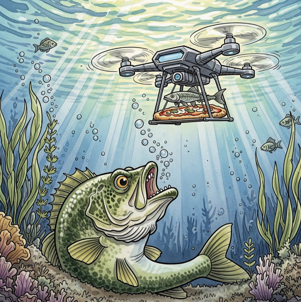 Cartoon of a fish underwater with a drone carrying a pizza above it