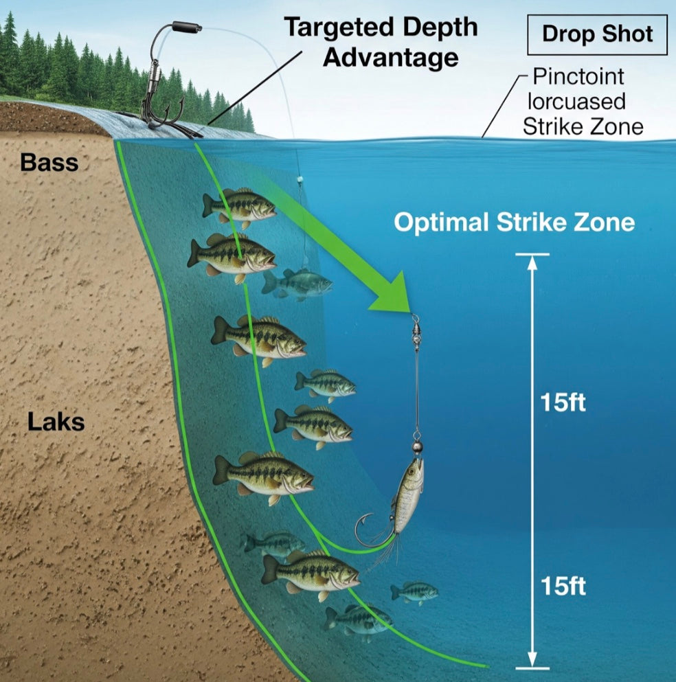 Diagram of a drop shot fishing technique with labeled components and depth measurements.

