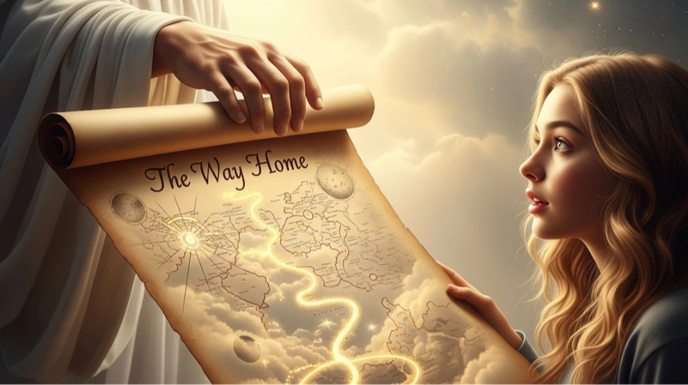 Angel holding a map titled 'The Way Home' with a woman looking at it against a cloudy sky. 
ISBN:
9798232349950