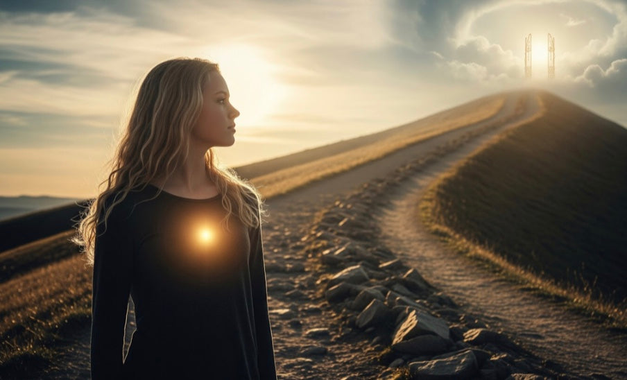 Woman standing on a dirt path with the sun setting behind her