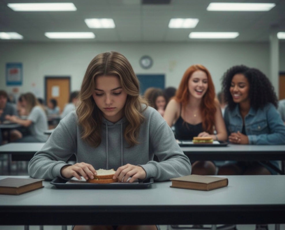 Girl using a tablet in a classroom with other students in the background