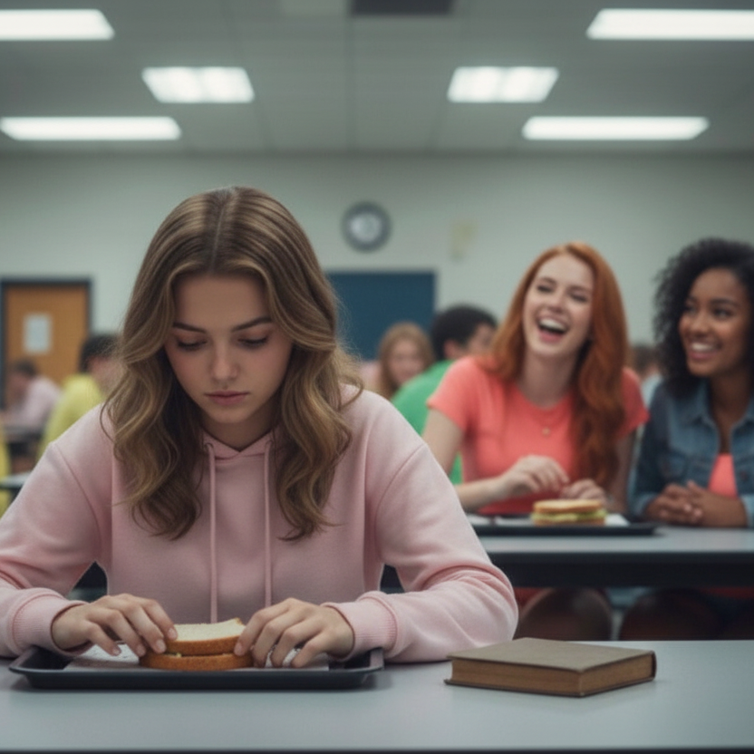 Girl in pink hoodie eating a sandwich alone in a cafeteria with other students.