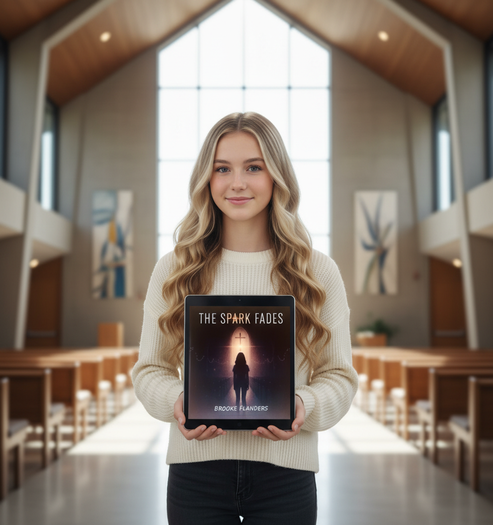 Woman holding a book titled 'The Spark Fades' in a church setting 
ISBN:
9798232349950