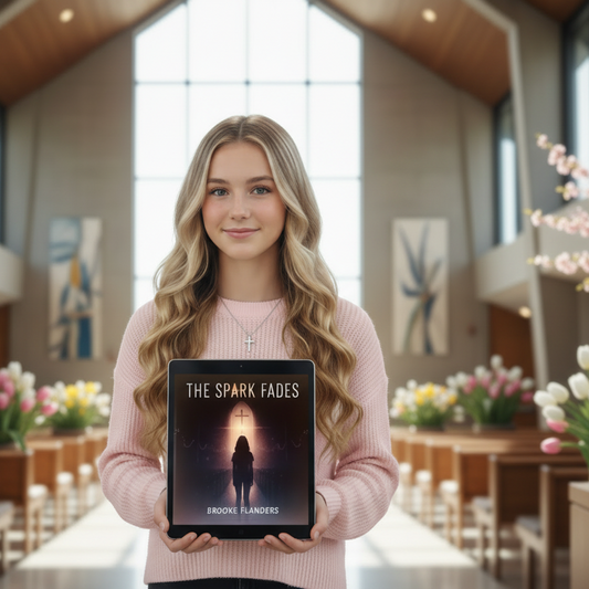 Woman holding a book titled 'The Spark Fades' in a church setting ISBN:
9798232349950