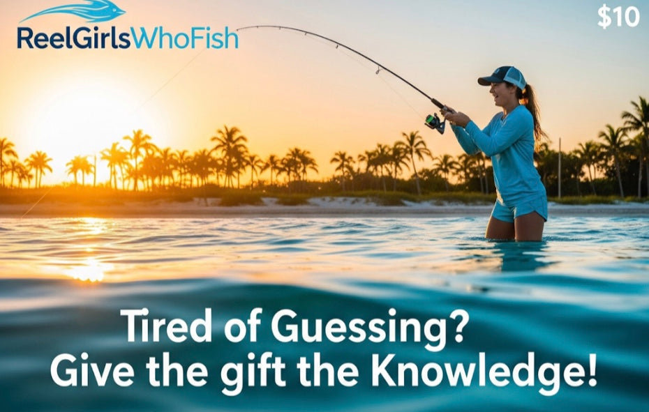 Woman fishing in water with palm trees and sunset, Reel Girls Who Fish gift card displayed.