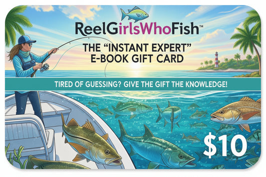 E-book gift card for 'Reel Girls Who Fish' with fishing-themed graphics and text.