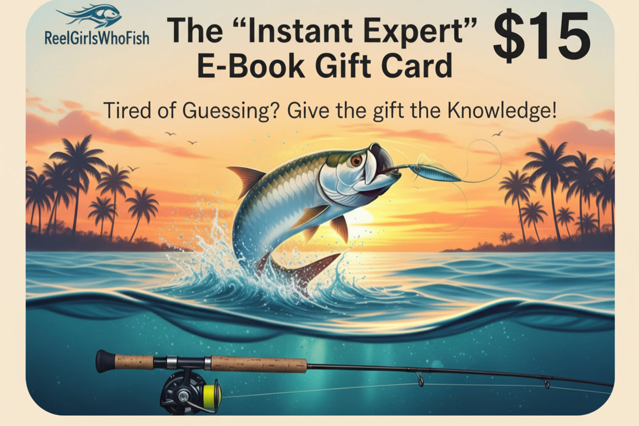 E-book gift card with 'Reel Girls Who Fish' branding and fishing-themed design. $15