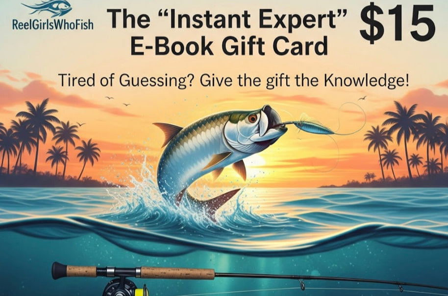 E-book gift card with fishing theme and sunset landscape