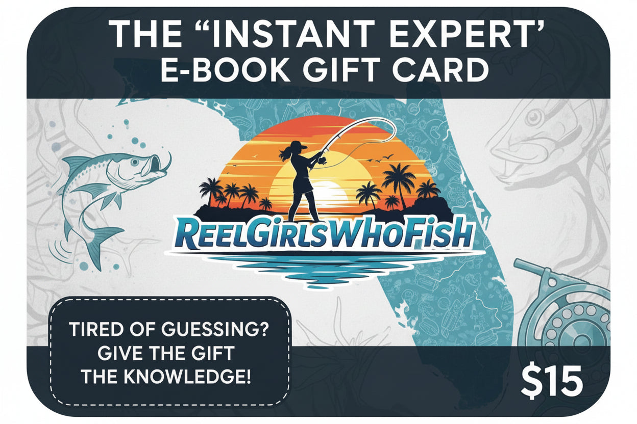 E-book gift card with 'Reel Girls Who Fish' branding and fishing-themed design. $15