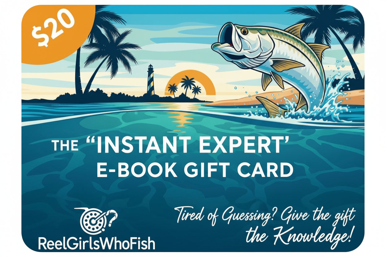 E-book gift card with a fish and lighthouse design, featuring Reel Girls Who Fish branding. $20