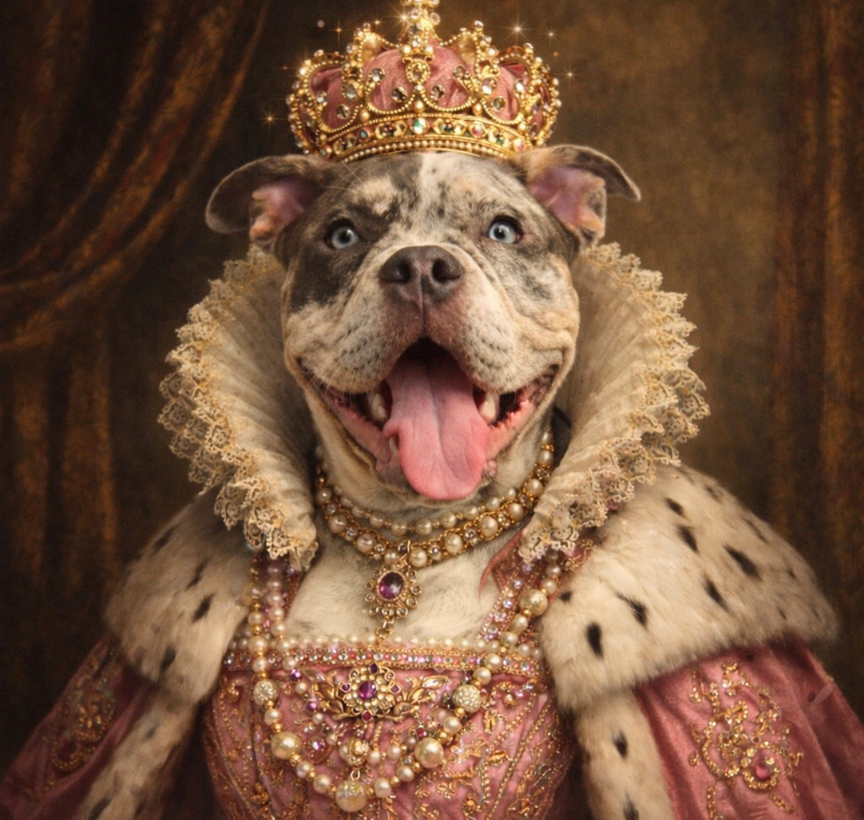A royal pet portrait of Queen June, a happy grey and white pit bull, dressed in ornate historical royal attire with a golden crown and lace ruff. This signature 'In June We Trust' artwork represents the heart of the Velvet Fortress and the Royal Pack heritage series.