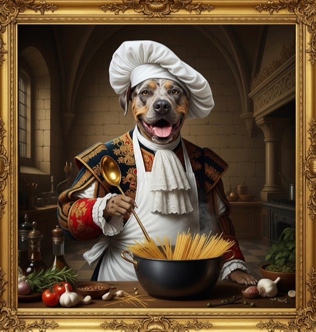 A regal, framed portrait of Sir Slim, the Royal Chef of the Kingdom of Barkshire. A slender, merle-colored Catahoula Leopard dog with one blue eye and one brown eye stands proudly in a professional palace kitchen. He is dressed in a crisp white chef's coat with gold buttons and a tall, traditional white toque (chef's hat). Sir Slim holds a large silver whisk in one paw and stands beside a silver serving tray holding a stack of royal cupcakes. 