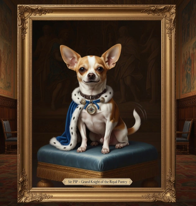 A regal, framed portrait of "Sir Pip – Grand Knight of the Royal Pantry." The image features a tan and white Chihuahua sitting proudly on a blue velvet cushioned pedestal. He wears a majestic blue and white fur-lined royal cape with a compass medallion around his neck. The portrait is held in an ornate gold frame within a classic palace gallery setting.
