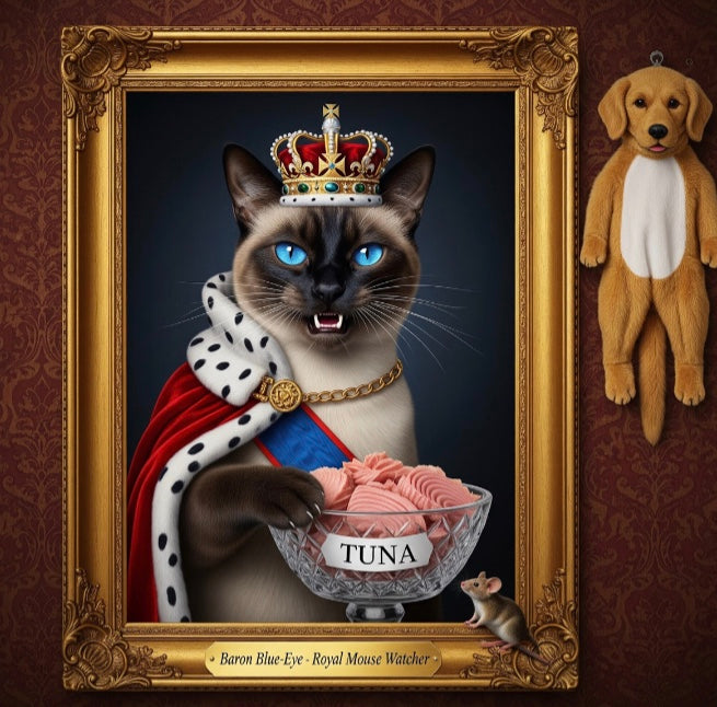 A close-up royal portrait of a merle-colored dog with striking blue eyes, framed by an elegant black and gold border. The dog is dressed in lavish royal attire, including a high lace ruff collar, multiple strands of pearls with a purple gemstone pendant, and a sparkling gold crown topped with pearls and jewel. Beside the portrait is his former Golden Retriever costume.