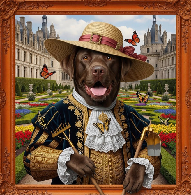 A regal, framed portrait of Sir Hank, the Royal Gardener. A smiling Chocolate Labrador is dressed in an ornate, gold-embroidered navy blue velvet coat with a white lace cravat featuring a golden butterfly pin. He wears a wide-brimmed straw gardener’s hat with a red ribbon. Sir Hank holds a gold-handled rake and shovel while standing in a formal palace garden with manicured hedges, colorful flower beds, and butterflies. A grand French-style chateau is visible in the background