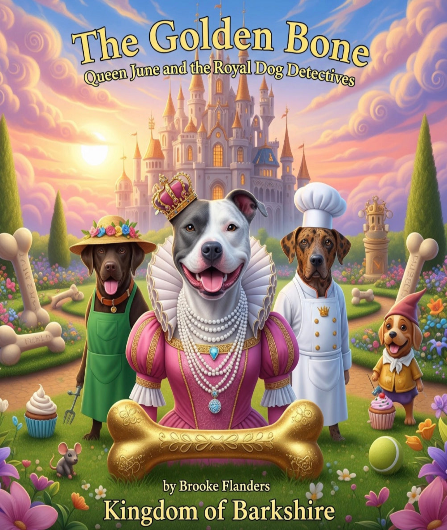 A vibrant, fairytale-style book cover for "The Golden Bone: Queen June and the Royal Dog Detectives" by Brooke Flanders. The illustration features three dogs in a lush royal garden. A grey and white Pittie (Queen June) in a regal pink dress and tilted gold crown, a Chocolate Lab (Sir Hank) in a green gardener's apron and flowered sun hat, and a Catahoula Leopard dog (Sir Slim) in a white chef's uniform. A large, towering fairytale castle sits in the background under a warm sunset sky. In the foreground