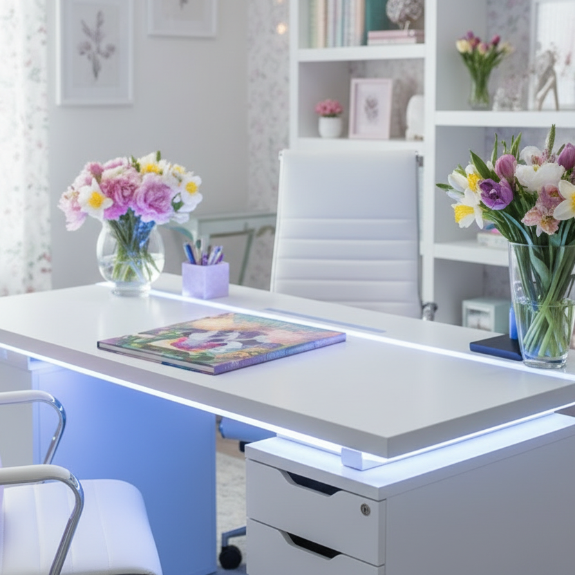 Modern office desk with flowers and decor in a bright room