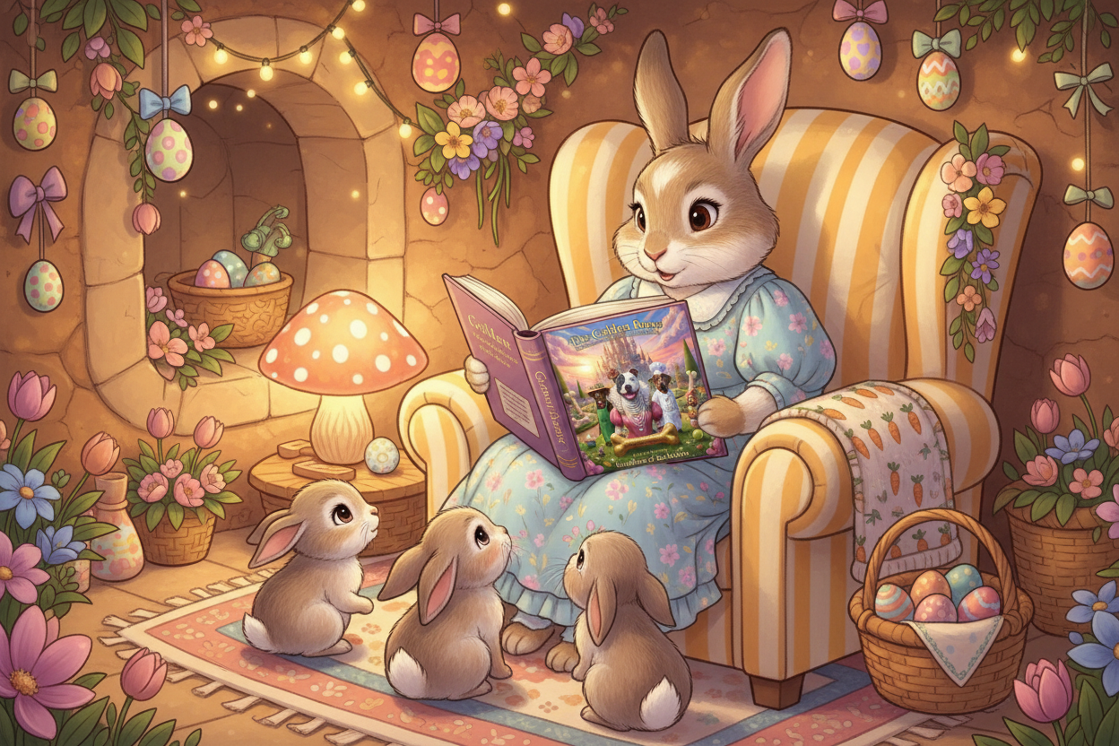 Illustration of a rabbit reading a book to three baby bunnies in a cozy room with Easter decorations. ISBN:
9798233059476