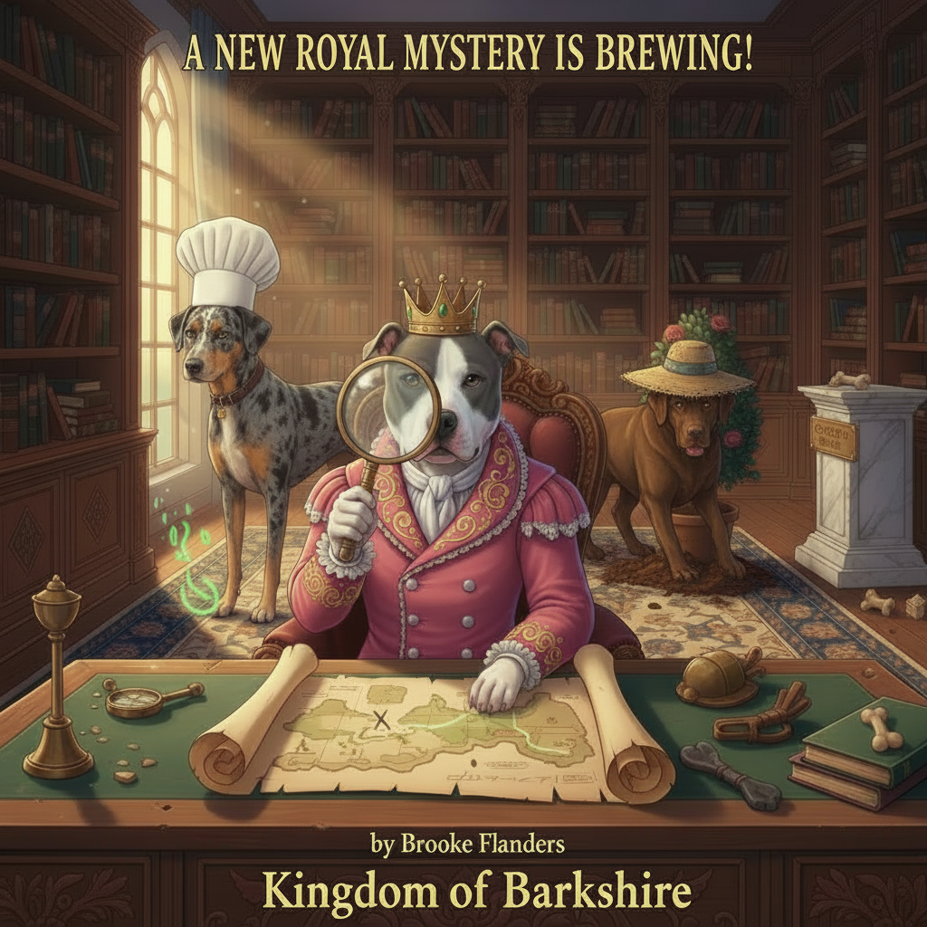 Queen June the grey pitbull dog detective wearing a golden crown, sitting in a royal study with Sir Slim and Sir Hank, solving a mystery with a magnifying glass for the book launch of The Golden Bone: Queen June and the Royal Dog Detectives - ISBN:
9798233059476