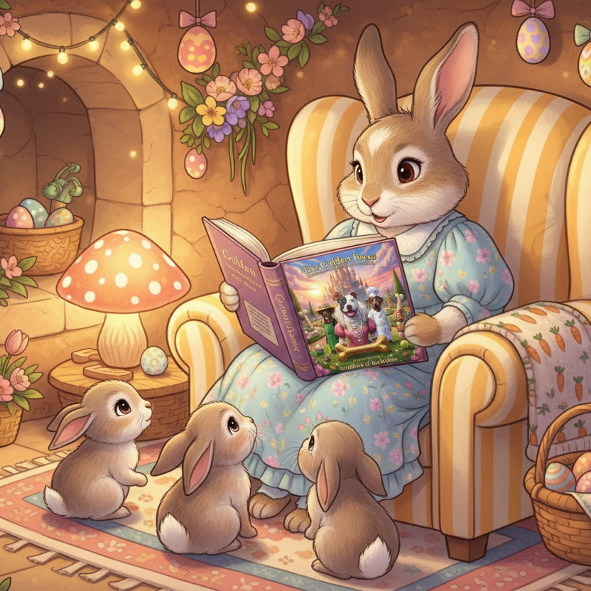 Illustration of a rabbit reading a book to three other rabbits in a cozy room decorated for Easter. ISBN:
9798233059476