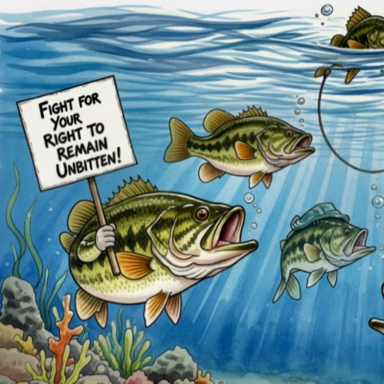 Cartoon of fish holding signs underwater with a fishing hook.