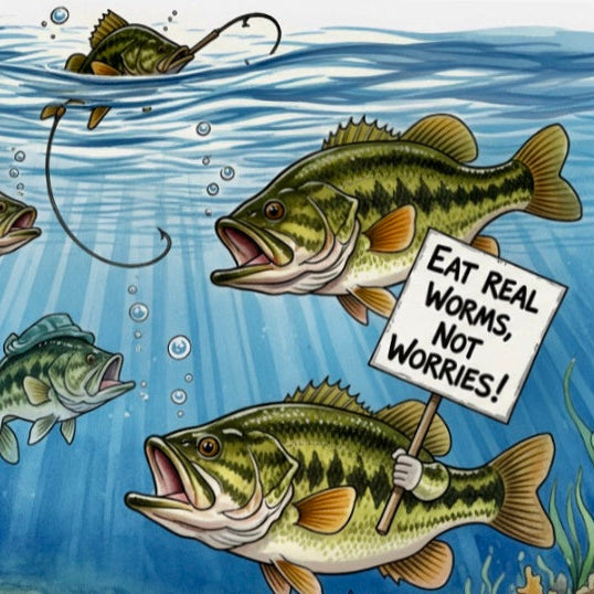 Cartoon of fish holding signs underwater with a fishing hook.