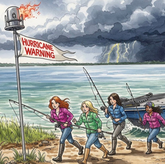 Cartoon illustration of women heading to a bass fishing tournament on a stormy day.