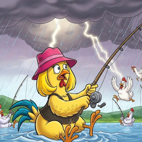 Cartoon chicken fishing in a stormy landscape with chickens watching.