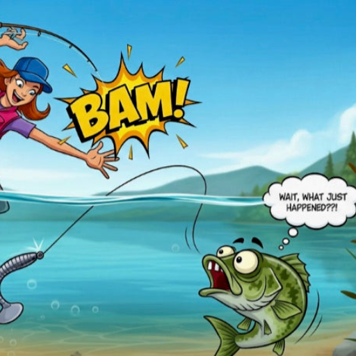 Cartoon illustration of a woman fishing and a fish reacting underwater with 'BAM!' and 'Wait, what just happened?!' ISBN:
9798232693701
