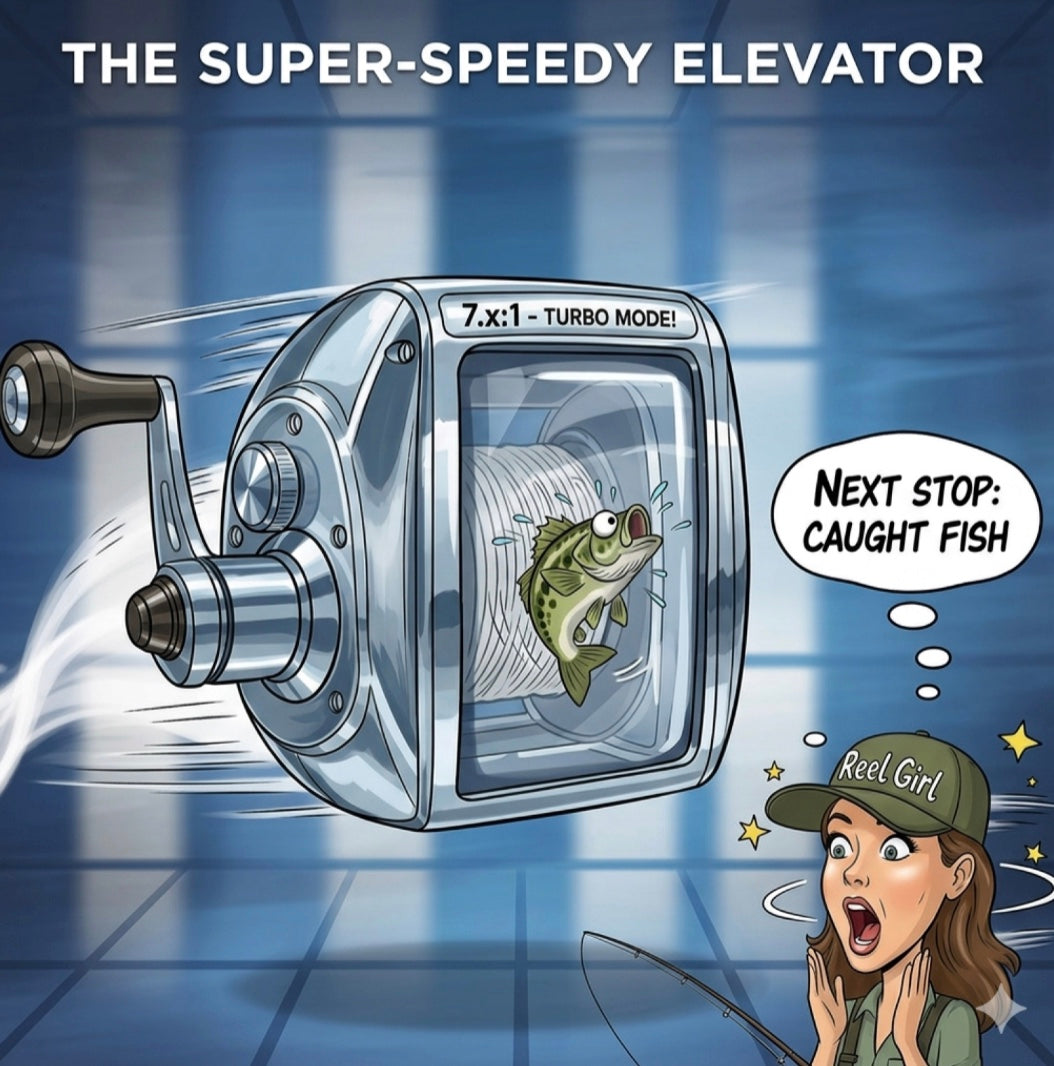 Cartoon illustration of a fishing reel with a fish and a person wearing a cap labeled 'Reel Girl'. ISBN:
9798232693701
