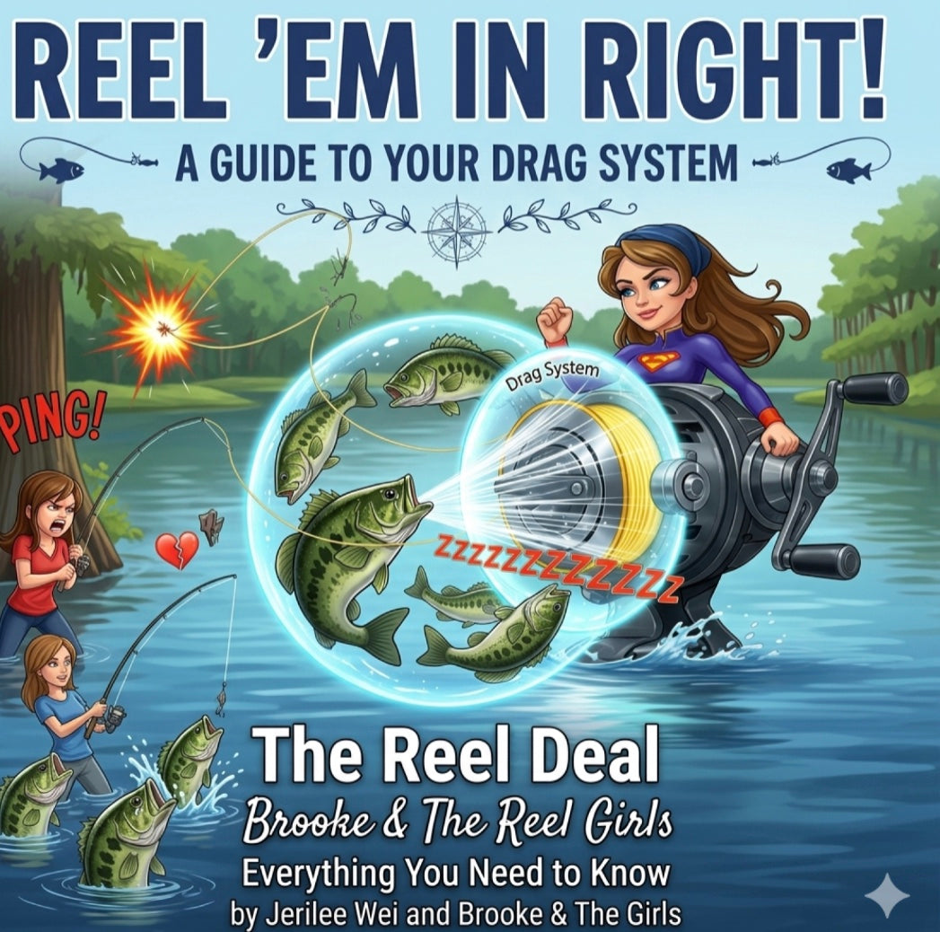 Book cover of 'Reel 'Em In Right!' with a woman fishing and fish graphics. ISBN:
9798232693701
