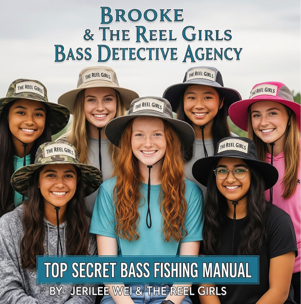 Book cover of 'Brooke & The Reel Girls Bass Detective Agency' with six girls wearing hats. ISBN:
9798231462025