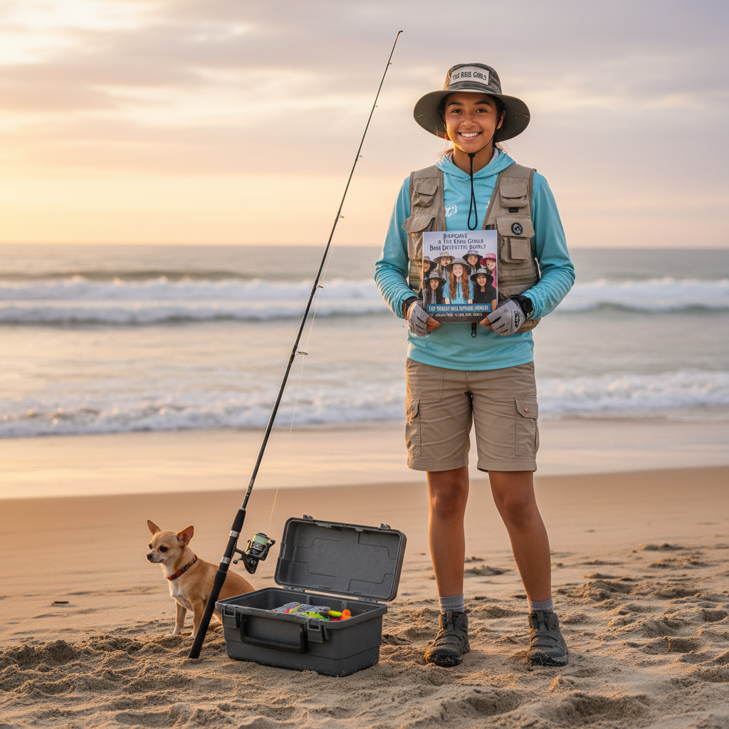 Girl on a beach with a fishing rod and tackle box, accompanied by a dog. 
ISBN:9798231462025